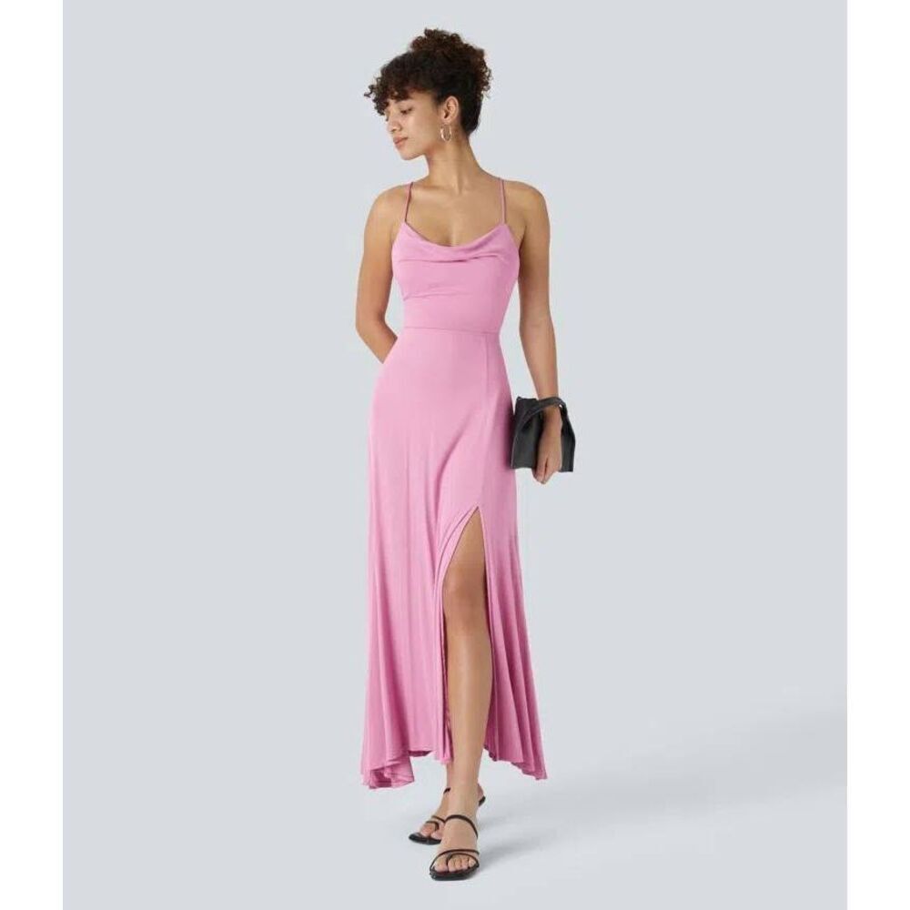HALARA Pink Spaghetti-Strap Midi Dress with Front Slit NWT
